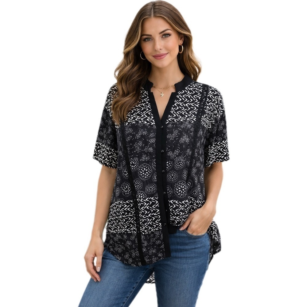 NY Collection Black and White Pattern Short Sleeve Blouse Sheer Size Large